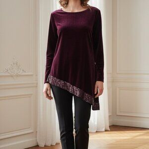 Chico's Maroon Velvet Sequin Asymmetrical Border Long Sleeve Top 2